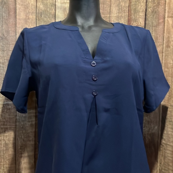 5for$10 Medium Blouse Casual Short Sleeve Tops Button Chiffon Tunics Henley Navy - Picture 3 of 5